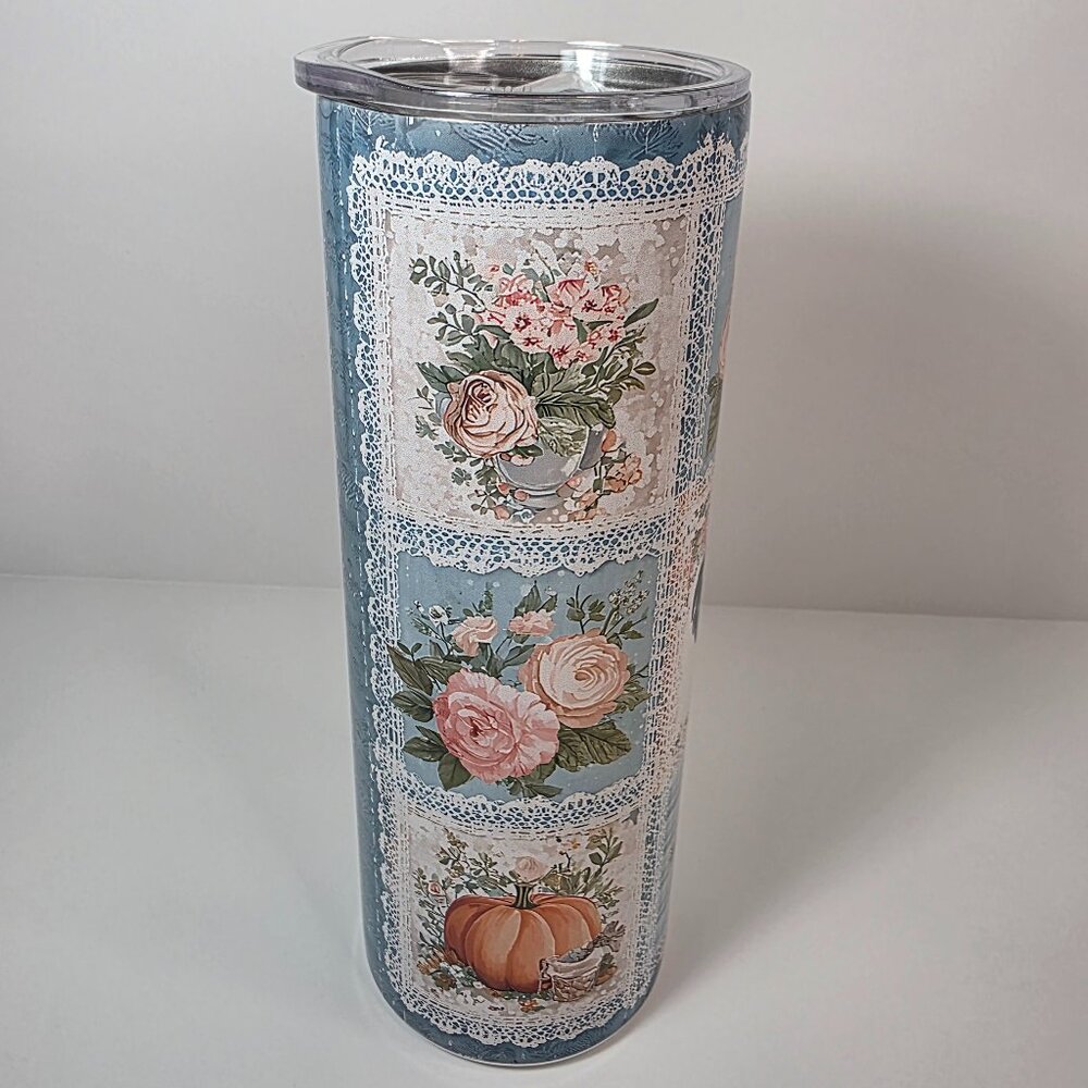Farmhouse Rooster Floral 20 oz Skinny Tumbler | Cottagecore Vintage Lace - Picture 4 of 9